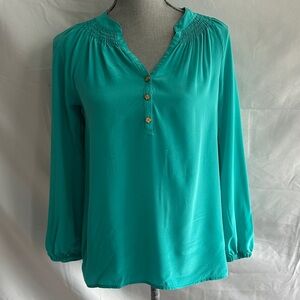 Lilly Pulitzer Silk Teal Long-Sleeve Henley Blouse